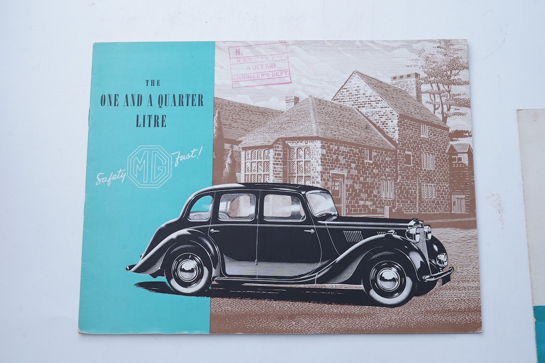 Three 1940s and 1950s MG motor car manufacturer’s brochures; the MG Series T.F. Midget (produced 1953-55), the MGA (produced 1955-62), and the MG Y 1.25lt saloon (produced 1947-53), including the additional leaflet conta